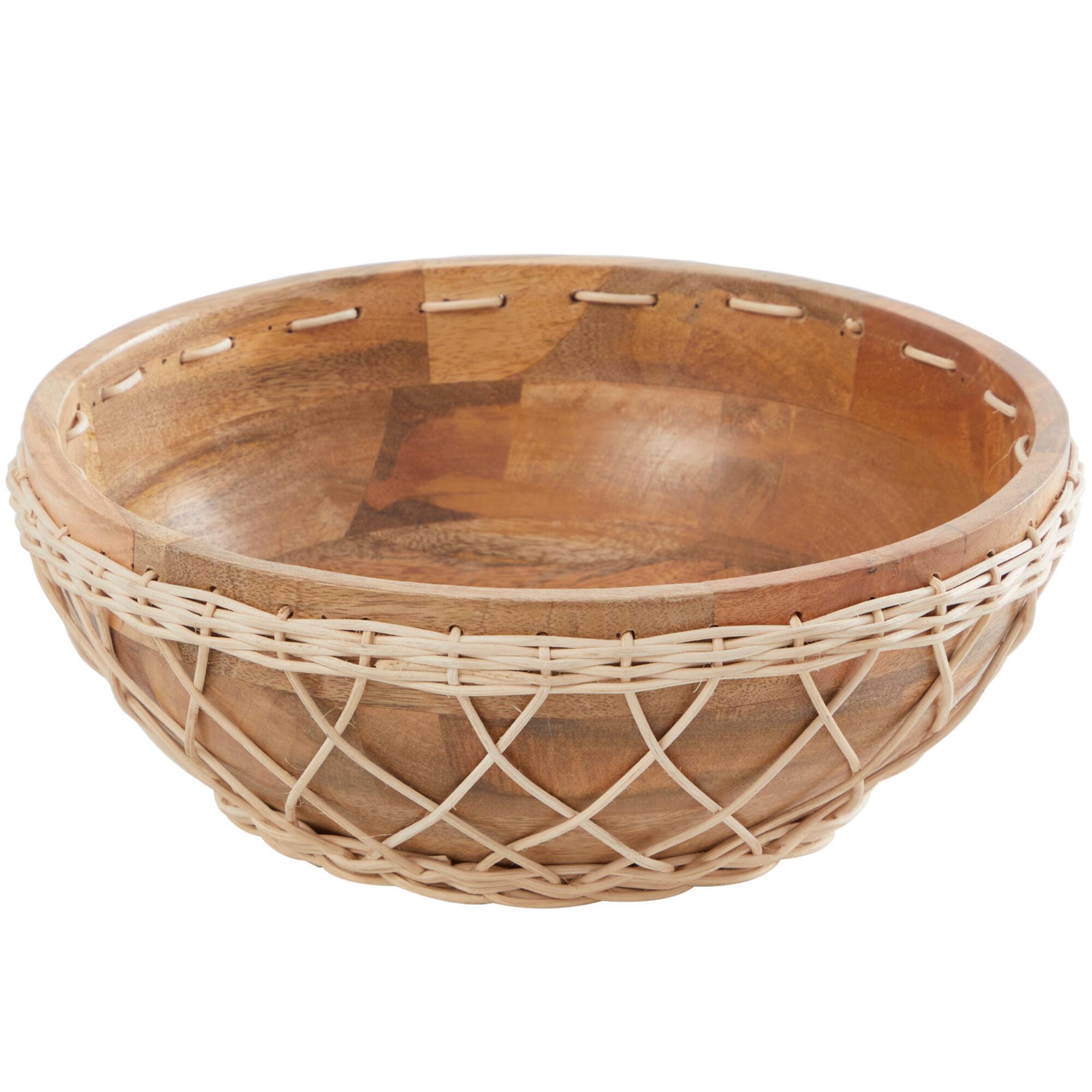 12" Brown Mango Wood Handmade Decorative Bowl with Woven Rope Accents